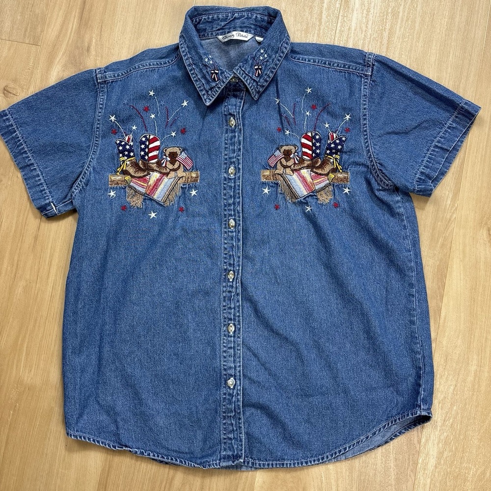 Vtg Denim Shirt Women Short Sleeve Button Up Patriotic Boots Bears America Med